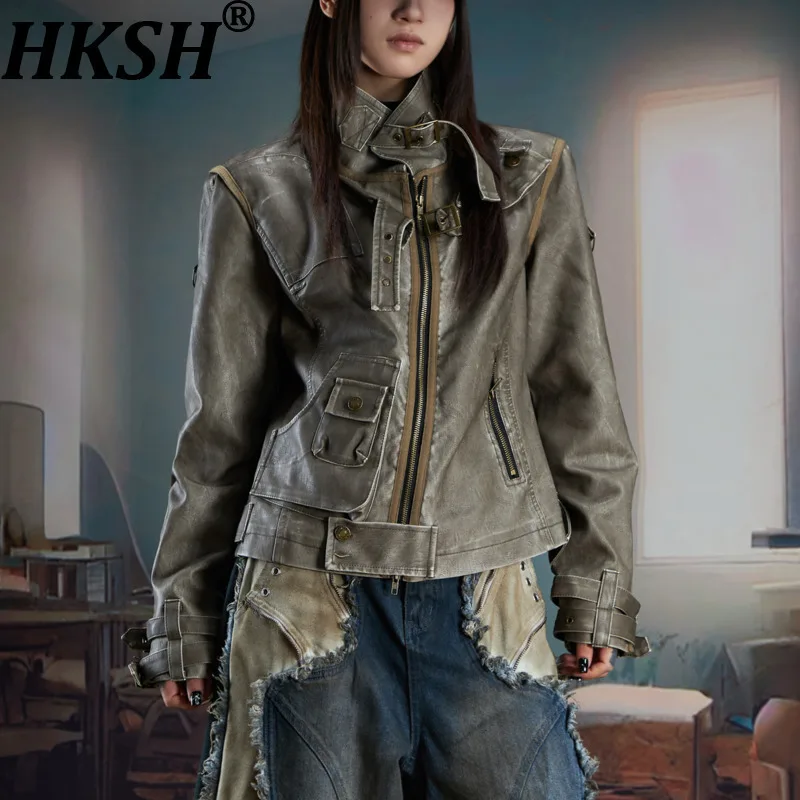 

HKSH Spring Autumn New Women's Short Jacket Distressed PU Leather Stand Collar Zipper Asymmetric Slim Fit Tide Chic Coat HK14092