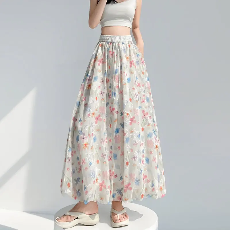 2025 Spring Summer Floral Bud Skirt Womens Midi Long Skirts Japan Style Mori Girl Cute High Waisted Lace Up Pleated Skirts