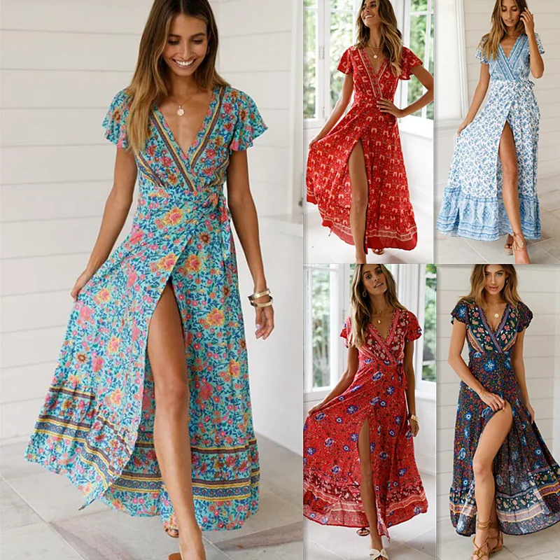 2024Cross-Border New Products Summer Casual Hot Selling Holiday Floral Print Dress Dress Women's Clothing