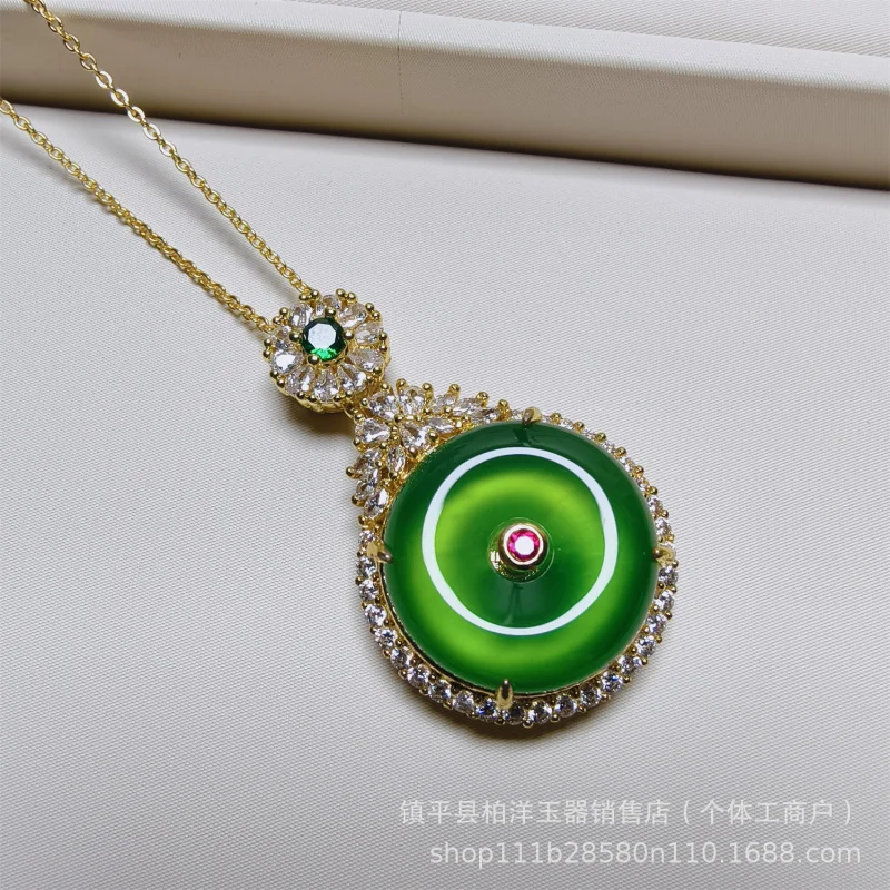 

Silver-Plated Inlaid-like Green Clavicle Chain Chalcedony Safety Pendant Women's Agate Jewelry Jade Pendant