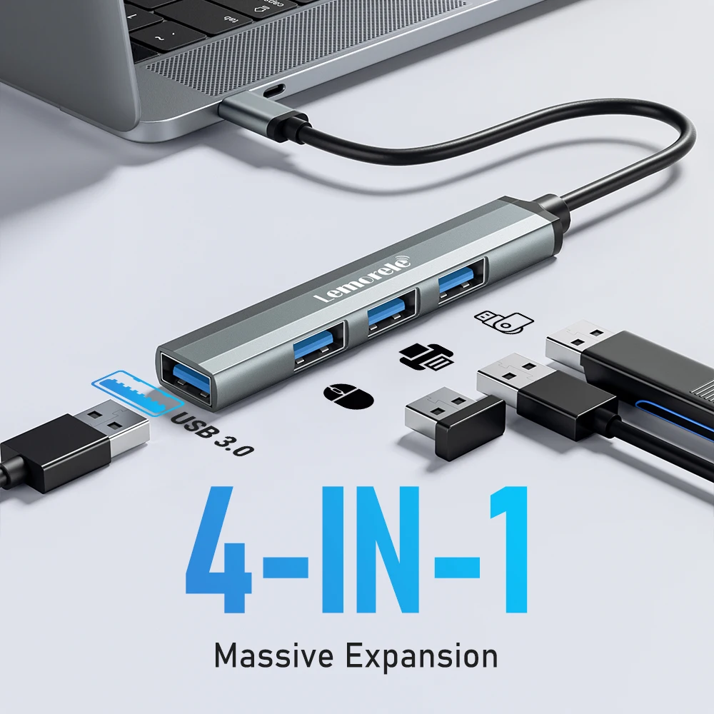 Lemorele USB C Hub USB Hub 3.0 Long Cable OTG 4 Port Type C HUB Multi Splitter Adapter Laptop Accessories For Xiaomi Lenovo Macb