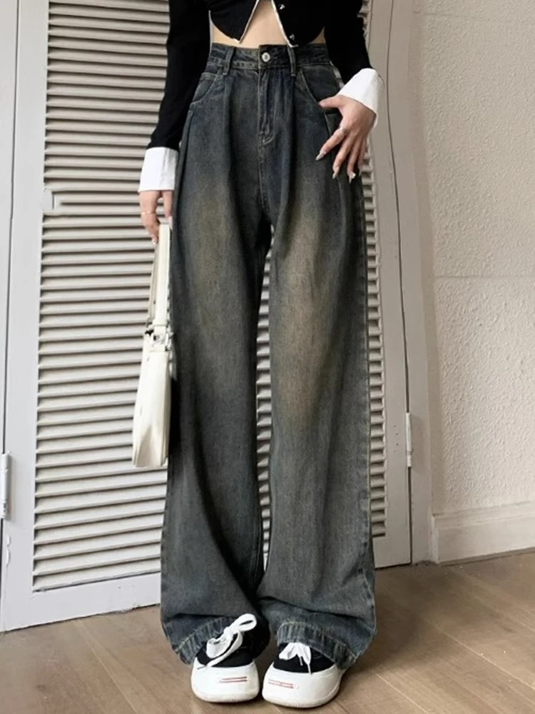 

Spring Chicly Washed Vintage Straight Female High Waisted Jeans New Basic Simple Casual Classic Zipper Button Baggy Jeans Women