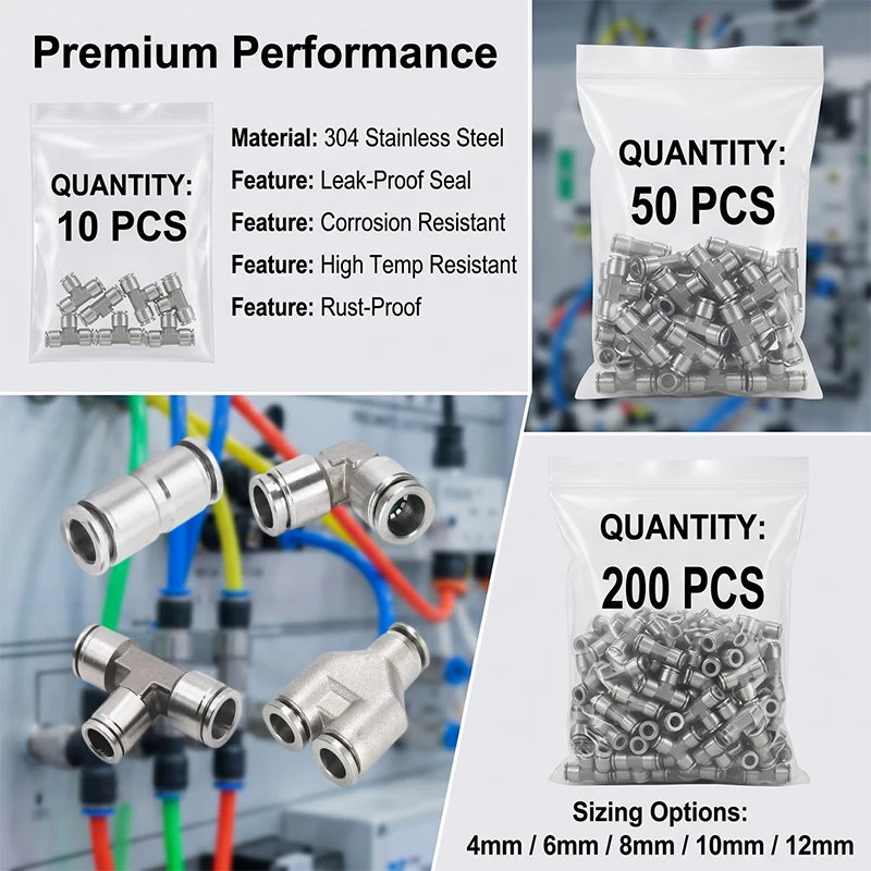 

10/50/200 PCS 304 Stainless Steel Pneumatic Quick Coupler Fitting 4/6/8/10/12mm for Air Compressor Hose PE PV PY PU Connector