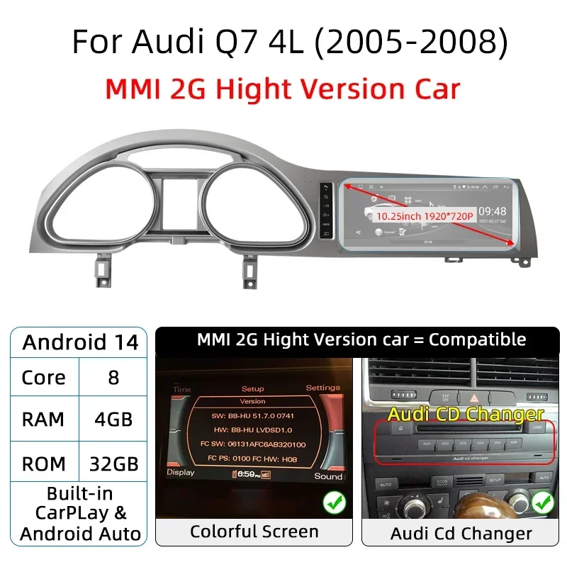 Nunoo Android 14 CarPlay Für Audi Q7 4L 2005-2015 MMI 2G 3G Auto Multimedia GPS Navigation Auto Radio Bildschirm mit Hinten Kamera DSP