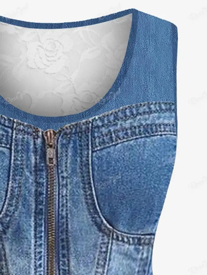 Women Fashion Lace Back Tank Top and Capri Leggings Plus Size Outfit 2 piezas Grommets Buckle Belt Zipper Denim 3D Printed