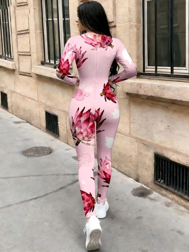 Slimming Fashion Sexy Jumpsuit round Neck Printed Tight Fitting Elegant Casual One-Piece Suit for Women