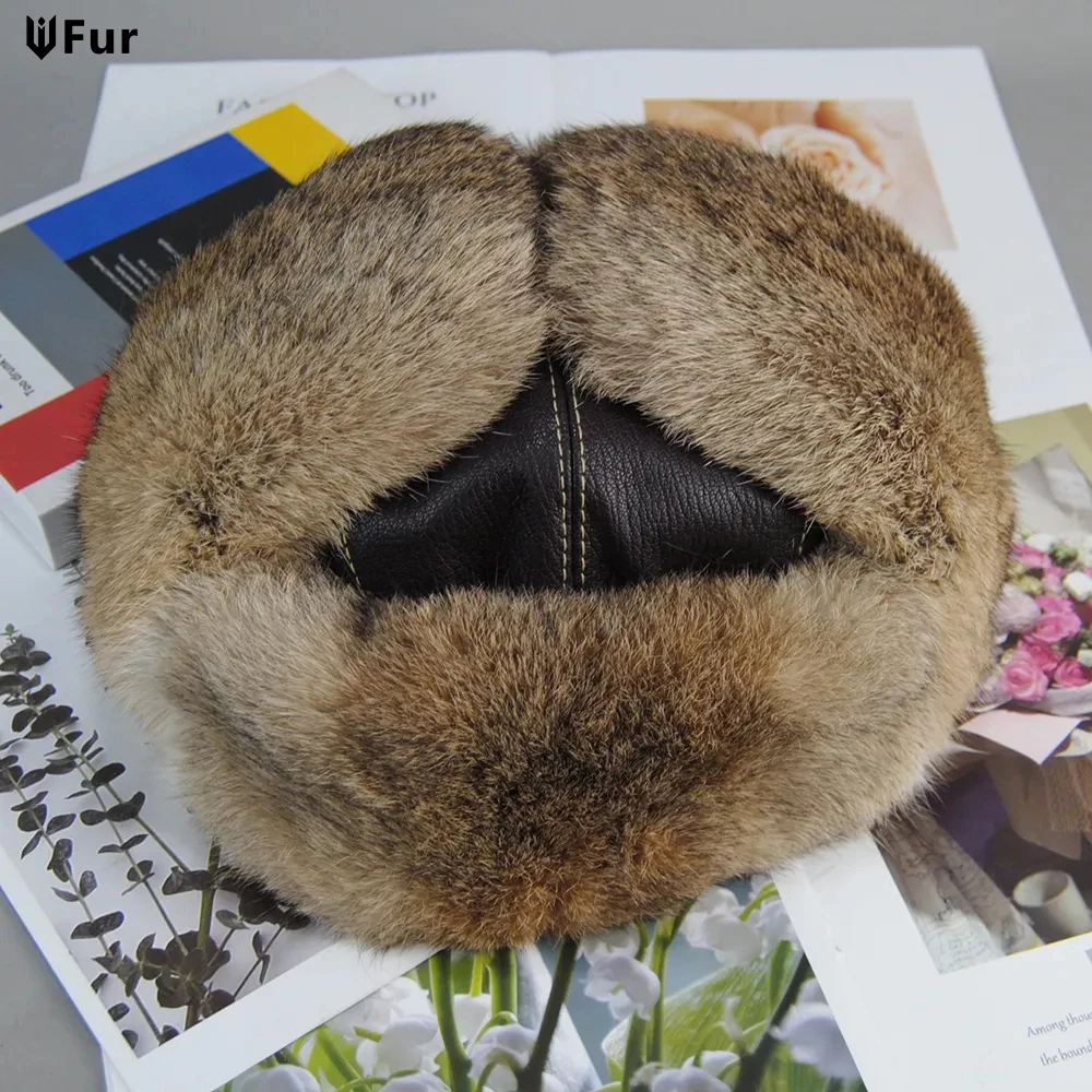 Russian Rabbit Fur Hat Skiing Cap Natural Rabbit Fur Hat with Real Sheep Leather Genuine Rabbit Fur Bomber Hat