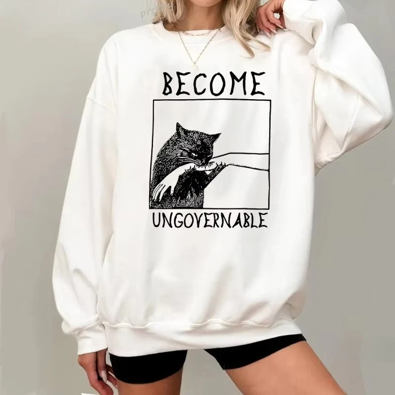 

Become Ungovernable Black Cat Biting Hand Funny Sweatshirts Long Sleeve Pullover Graphic Hoodies Y2k Clothes Streetwear Tops