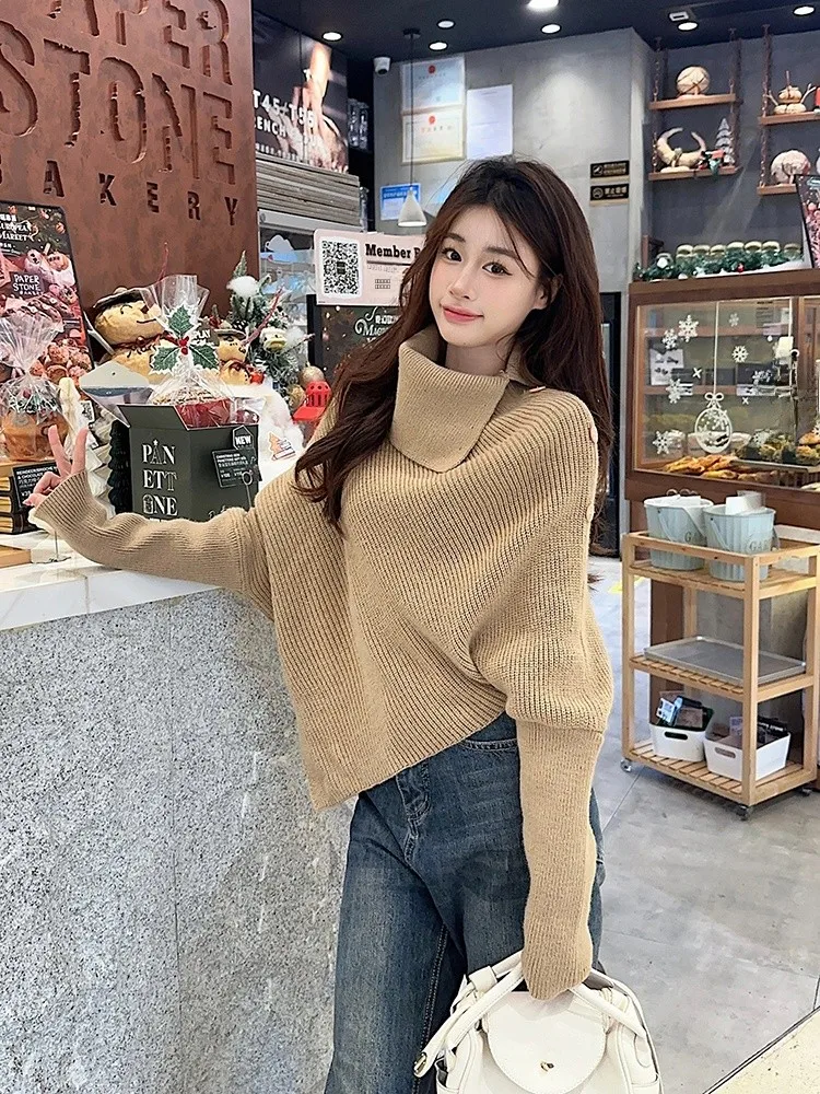 Hoher Kragen, langer Sve, lockerer Strickpullover, asymmetrisches Design, Herbst-Winter-Damen-Cardigan, warme Thermo-Kleidung