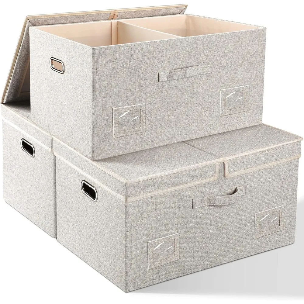 

75 Quarts Extra Large Decorative Storage Bins with Lids, 3 Packs Beige Collapsible Storage Bins with Lids,