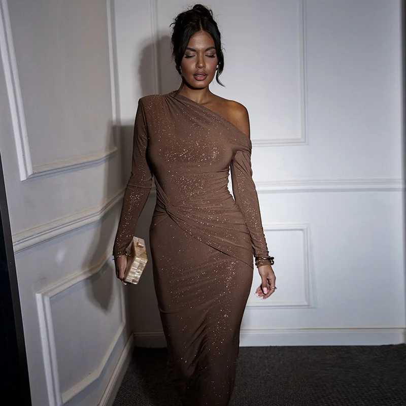 Sukienka maxi z długim rękawem, obcisła, z brokatem, elegancka, damska, na urodziny, drapowana, marszczona, dopasowana, na imprezę w klubie nocnym.