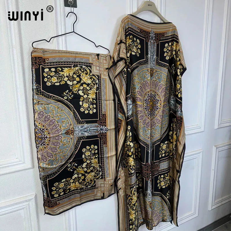 WINYI 2024 New African Women Dashiki boho print muslim woman dubai Free Size Design With Scarf Maxi Loose African Elegant Dress