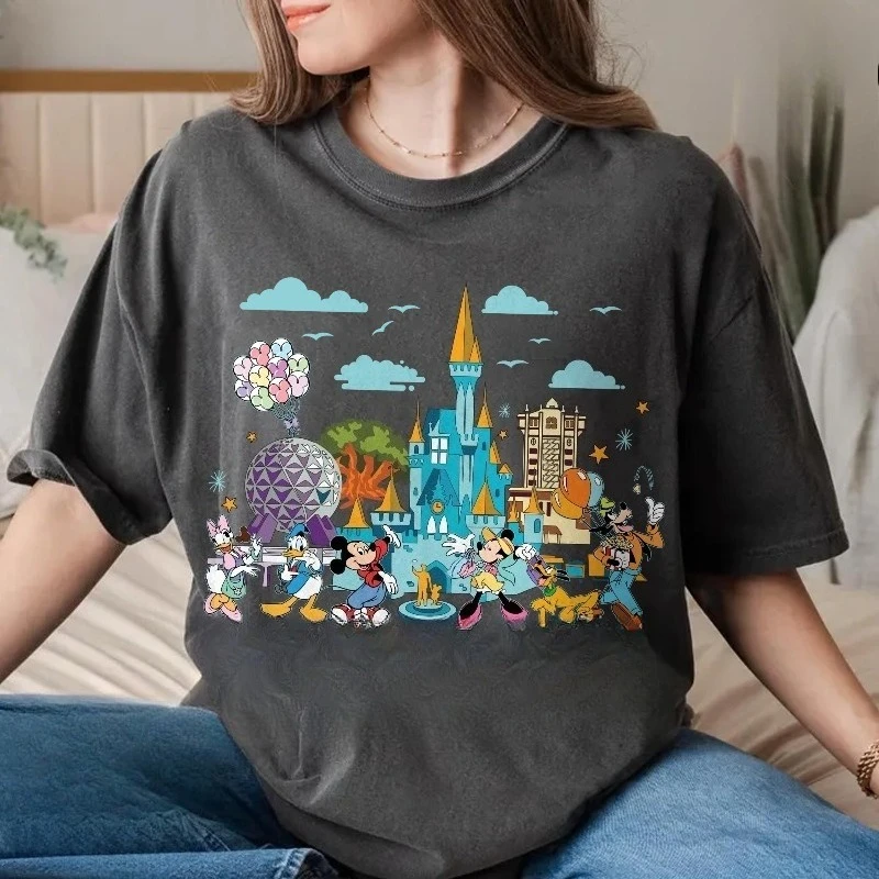 2026 Castle Print Pattern Vacation Travel Outfit Suitable for Families Adults and Children Pure Cotton Short-Sleeved T-shirt