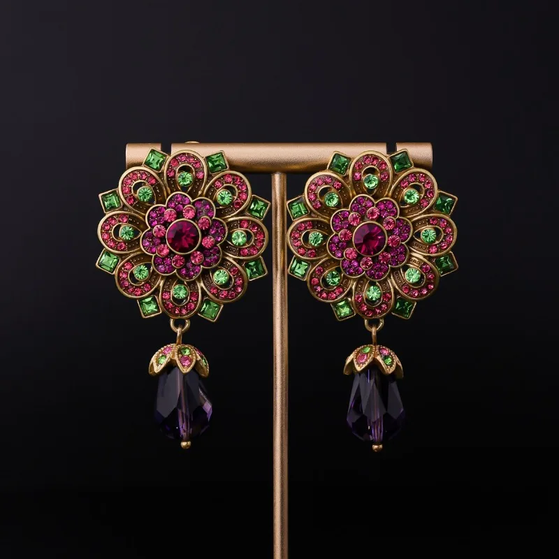 

Rhinestone Flower Earrings Medieval Vintage Vintage Temperament Earrings Colored Crystal Geometric Pendant Earrings