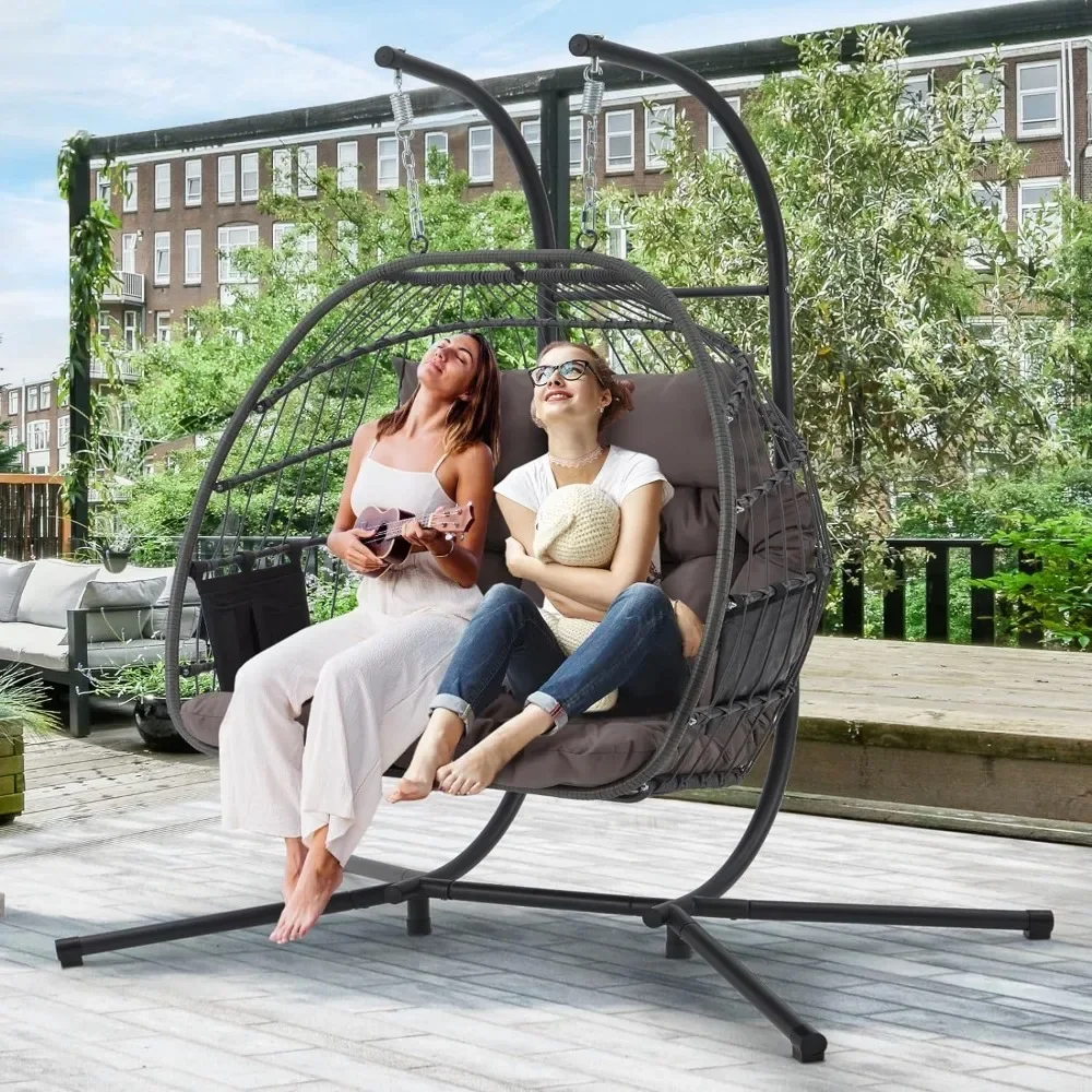 Double Rattan Swing Egg Chair with Side Pockets, Foldable Hanging Egg Chair with Stand, Outdoor and Indoor Egg Chairs