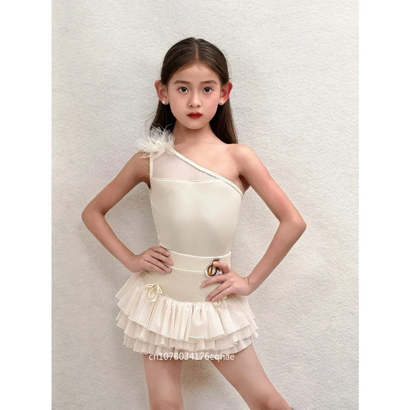 

Children's high-end Latin dance outfit girls' practice costume for training, single-shoulder performance dance practice outfit