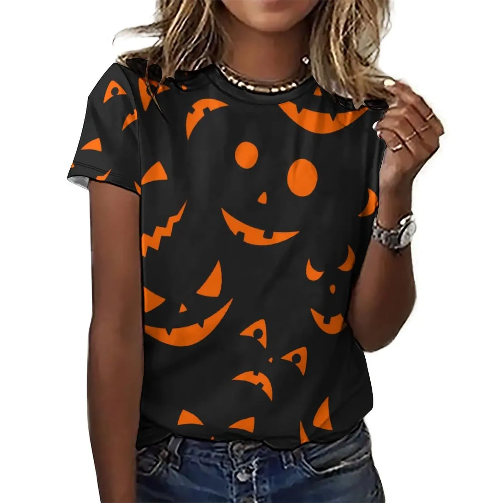 

Happy Haunts T Shirt Halloween Pumpkins Trendy T-Shirts Short Sleeve Graphic Tshirt Women Simple Clothing Big Size 4XL 5XL