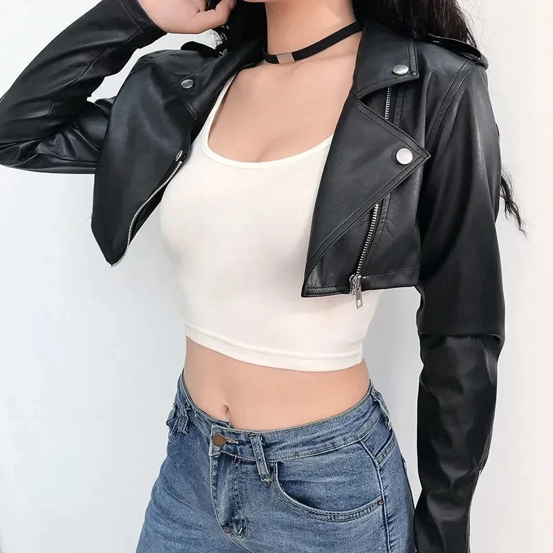 Pop Street Motorcycle Pu Leather Crop Jacket Women Zipper Black Faux Leather Coats Autumn Streetwear Long Sleeve Fall Female Out