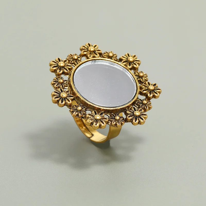 Vintage Gypsy Indian Hollow Flower Mirror Midi Finger Rings for Women Bohemian Ethnic Adjustable Ring Tribal Party Jewelry Gift