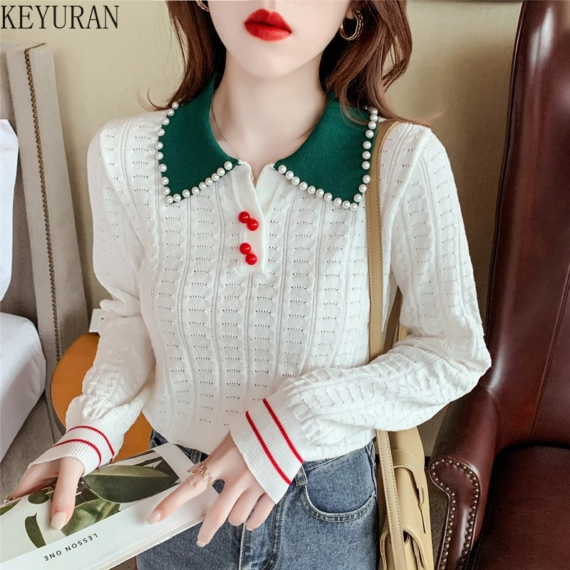 2024 Spring Summer Pearls Beading Hollow Jacquard Thin Knitted Pullover Sweater Women\'s Turn-down Collar Ins T-shirts Jumpers