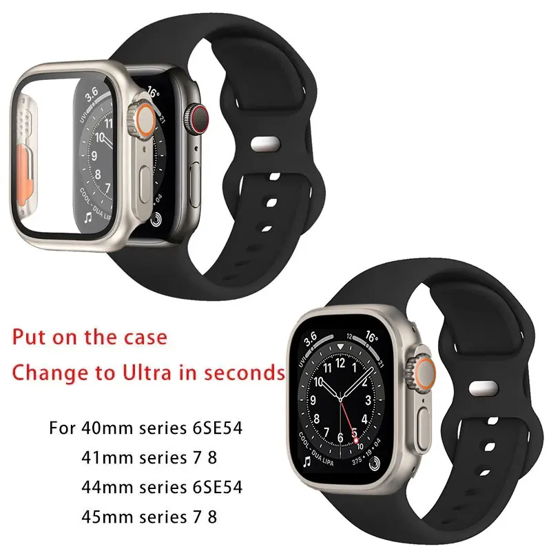 Case+Strap For Apple Watch Band 44mm 45mm 41mm 40mm 38mm 42mm Silicone Sport Bracelet iWatch 9 8 SE 7 6 5 4 3 Change to Ultra