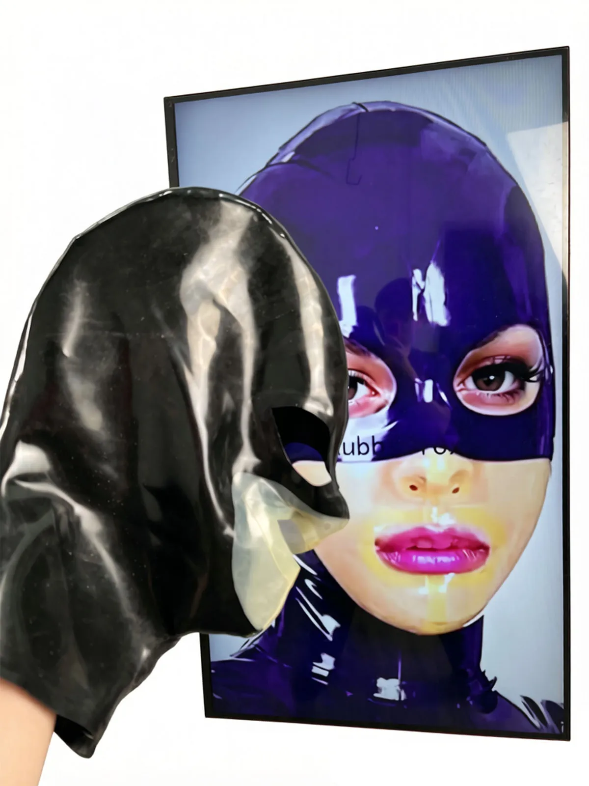 

Black High Gloss Full Face Hood with Eye Slits and Mouth Cutout and Neck Extension Handmade