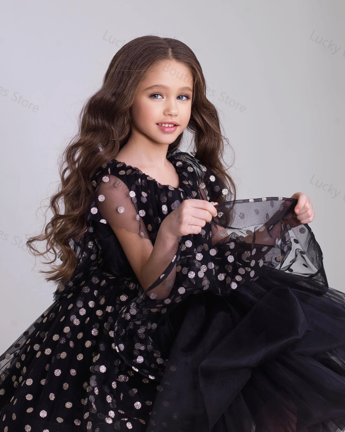 Black Dotted Ball Gown Flower Girl Dresses Puffy Tiered Kids Birthday Pageant Gowns Custom Made Knee Length Little Girls Gowns