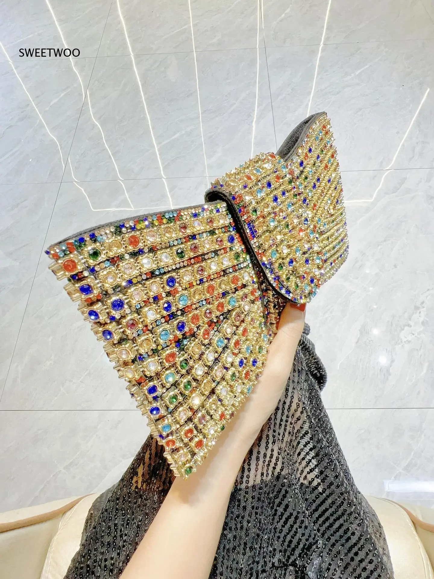 Cross Border Retro Rhinestone Bow Clutch Bag Full Colorful Crystal Decor Elegant Evening Party Wedding Banquet Women Hand Bag