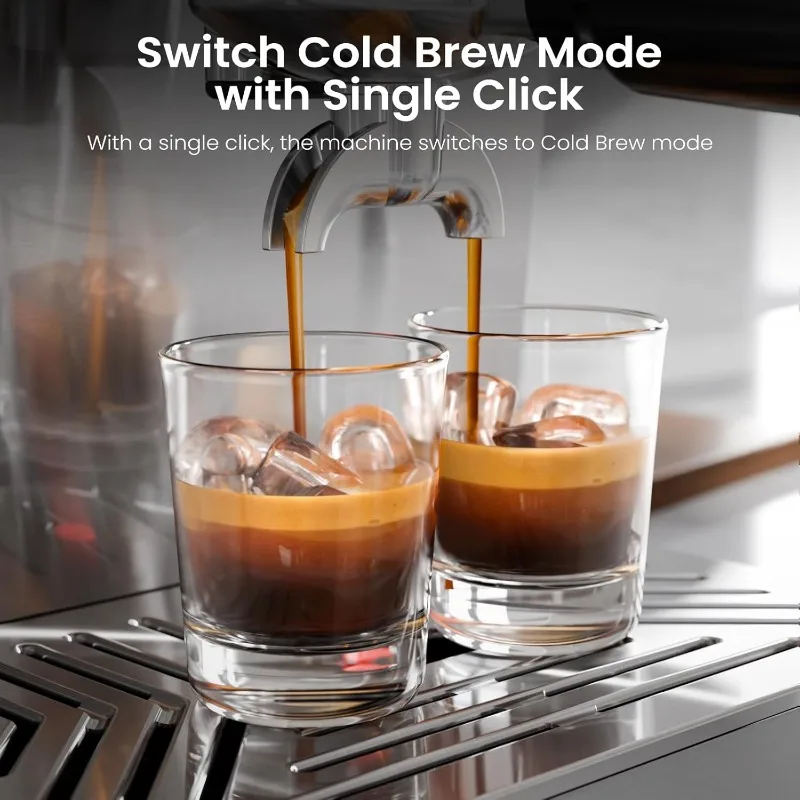 ماكينة اسبريسو كيسميل مع مشروب بارد، ماكينة اسبريسو مع عصا بخار رغوة الحليب لللاتيه والكابتشينو، مع شاشة LED