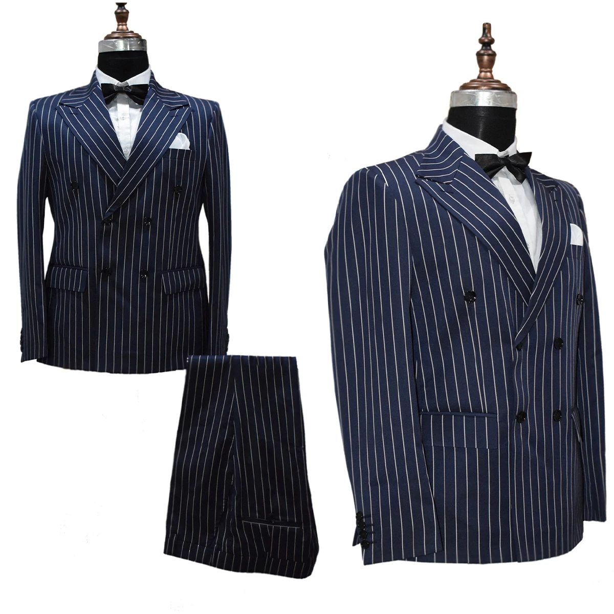 Pinstriped Men's Suits For Wedding Groom Wear Peaked Lapel Double Breasted Prom Business Tuxedos 2 Pcs Blazer Pants Homme