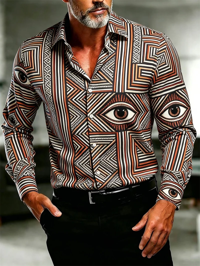 New Light Blue Abstract Line Printed Men's Long Sleeved Shirt, Light Luxury Business Casual Slim Fit Versatile Shirt