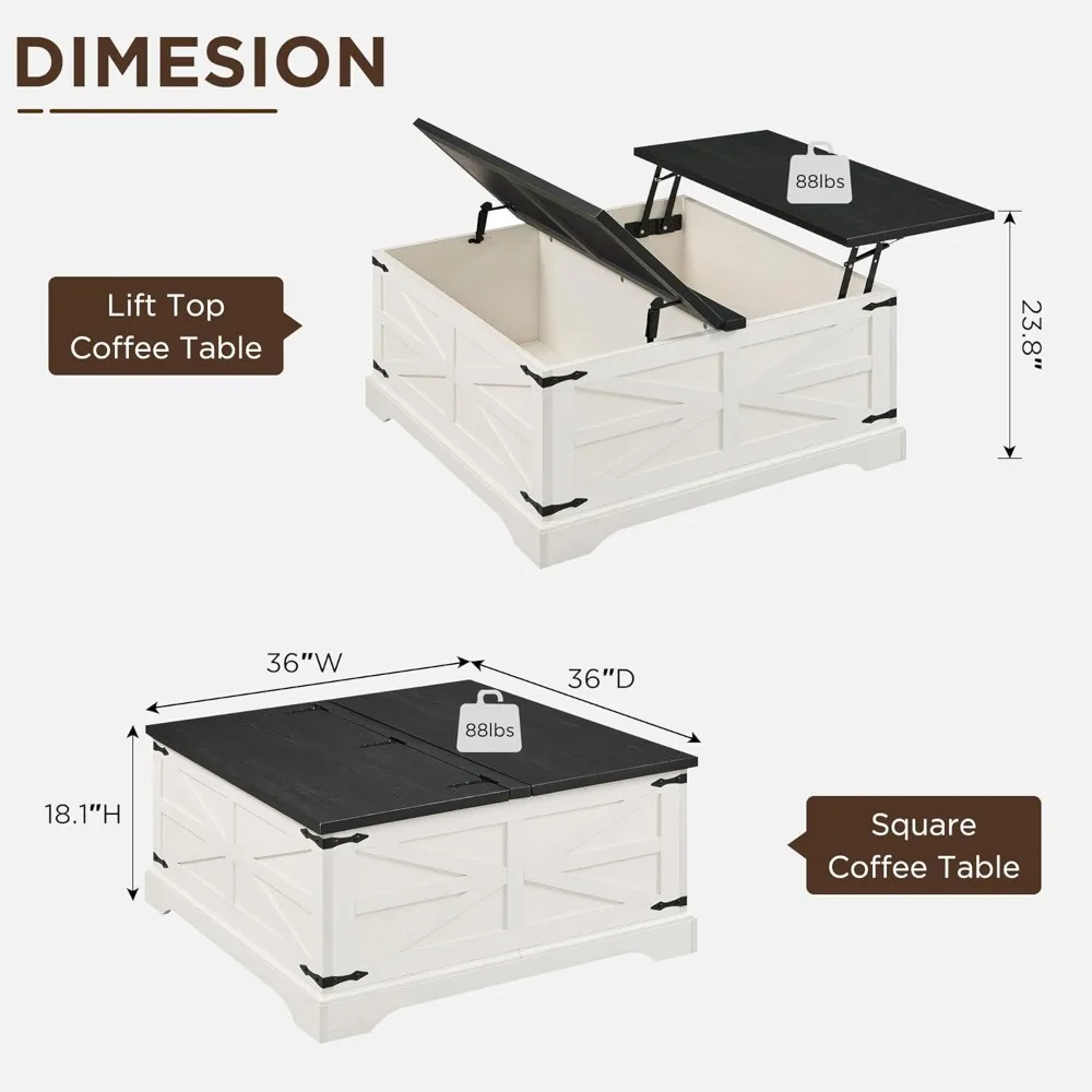 Coffee Table, Farmhouse Lift Top Coffee Table with Storage, 36" Wood Square Center Table with Large Hidden Compartment