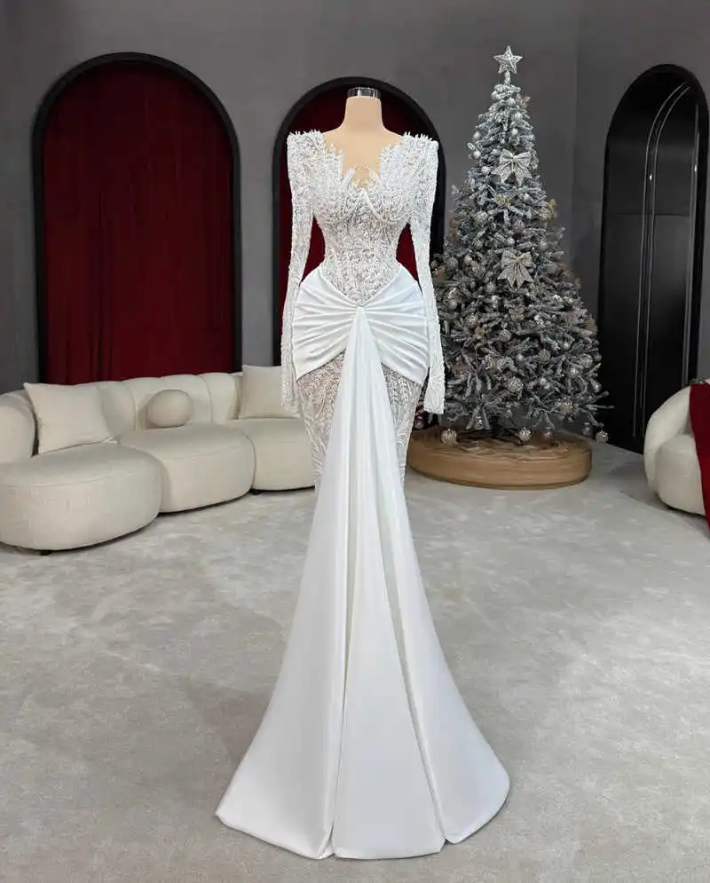 Robe de mariée sirène luxueuse, col en V, perles, robes de mariée élégantes, plis, longueur au sol, personnalisées