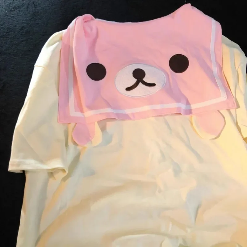 Rilakkuma Embroidered Sailor Uniform Japanese Kawaii Girl Sailor Uniform Fashion Cotton Short-Sleeved T-Shirt Casual Loose Top