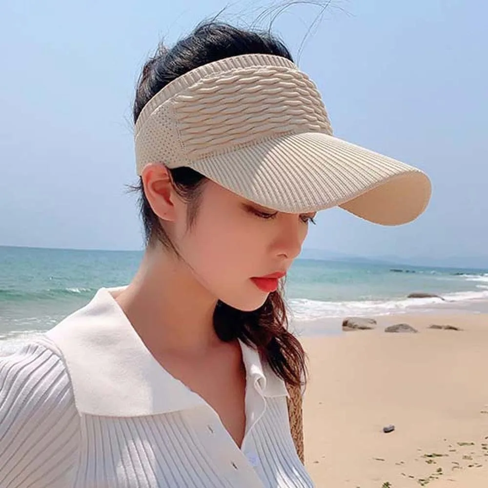Portable Fish Scale Knitted Visor Cap Breathable Solid Color Long Brim Sun Cap Lightweight Versatile Sunscreen Empty Top Hat