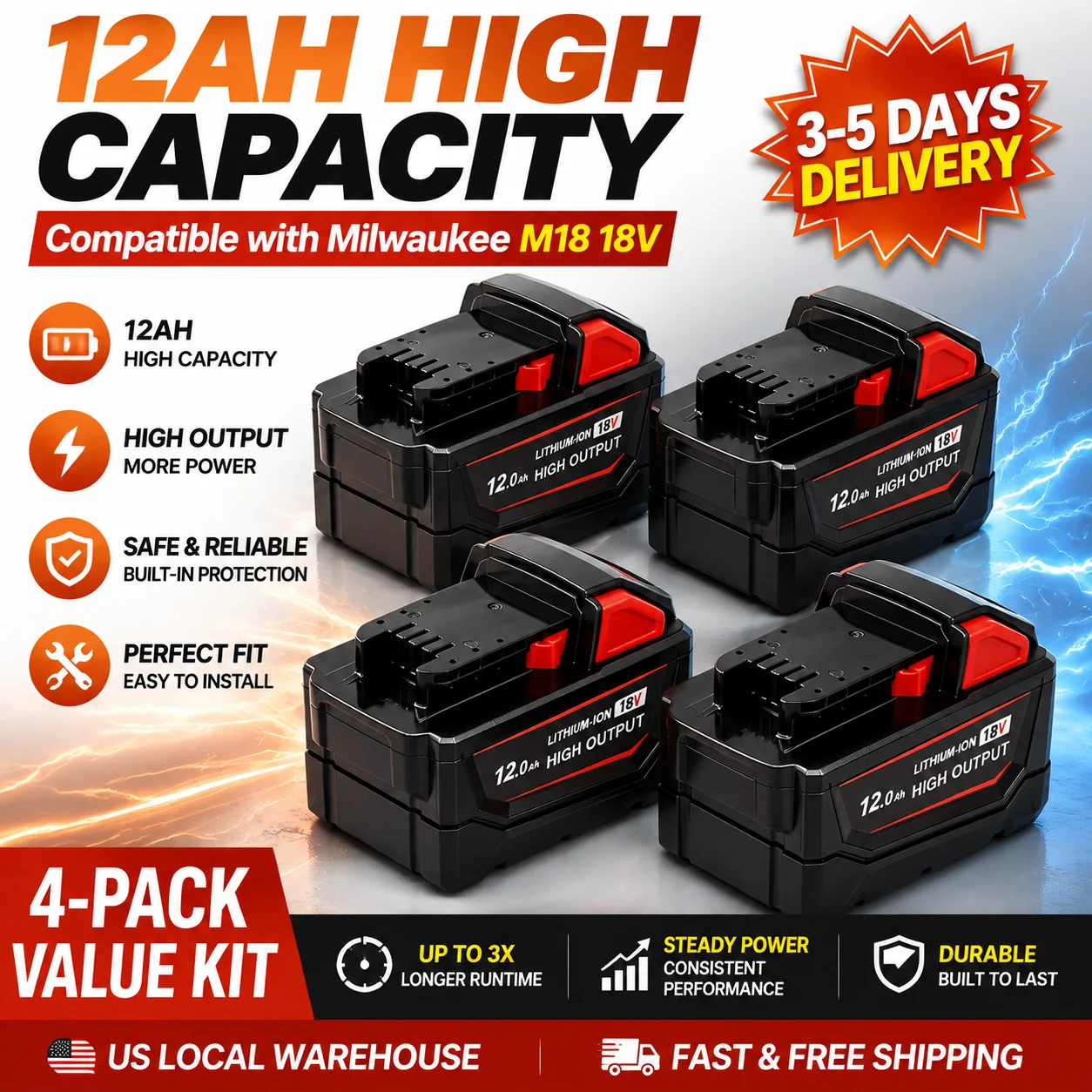 Pacote de Baterias 18V 12Ah (4 Unidades) Compatível com Milwaukee M18, Bateria de Substituição de Íon de Lítio para Ferramentas Elétricas Sem Fio