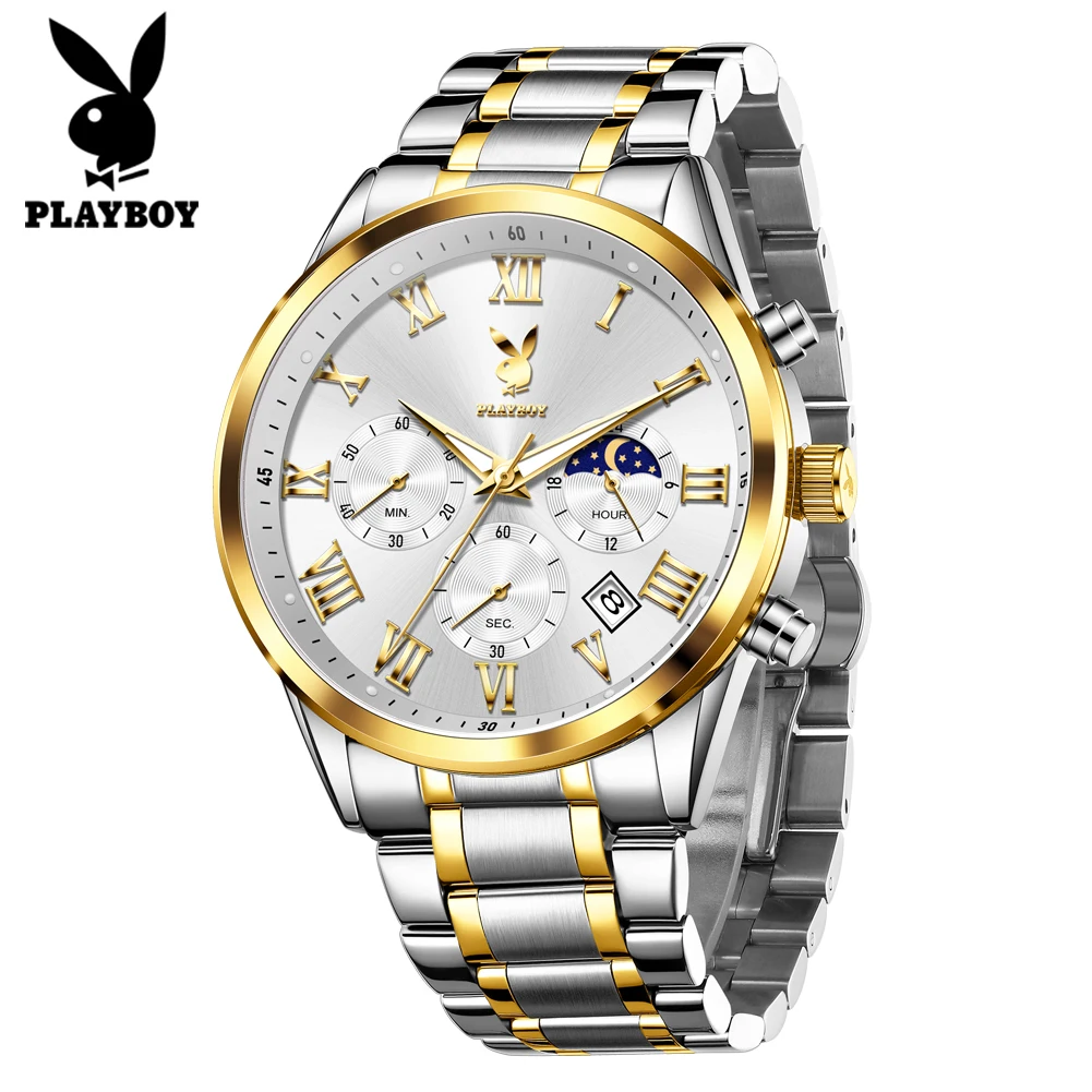 PLAYBOY Men's Watches Solid Steel Strap Multi Function Quartz Watches for Man Moon Phase Chronograph Waterproof Auto Date Watch
