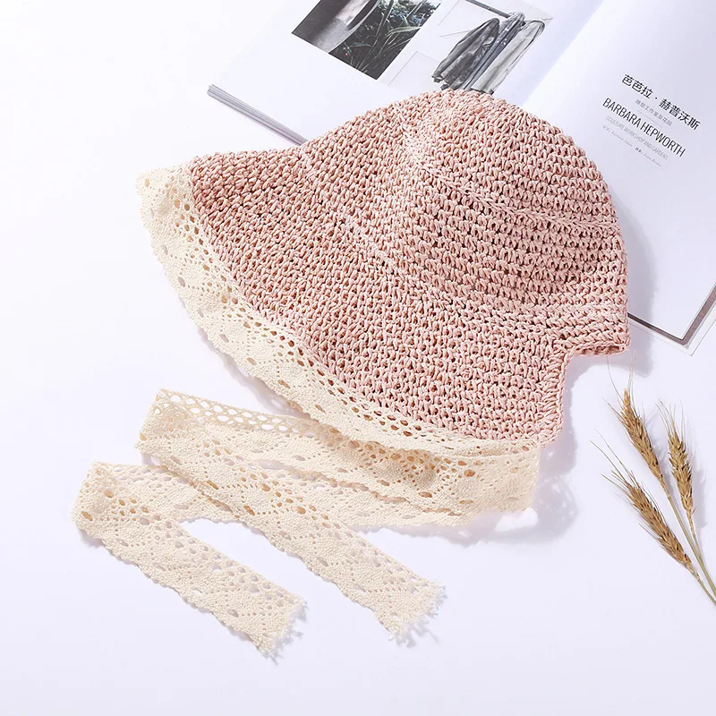 Summer Hats for Women Sun Hat Beach Lace Ribbon Hat Holiday Beach Straw Paper Lady Outdoor Travel Cap Women Bucket Hat Foldable