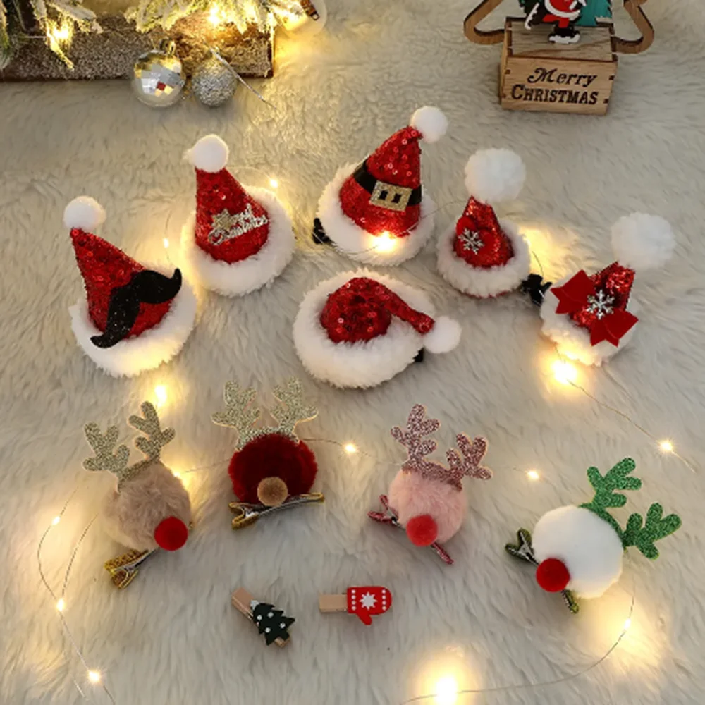 Kawaii Christmas Santa Claus Hair Clips Christmas Decoration Antler Hairpin For Girls Kids Glitter Festive Gift Hair Accessories