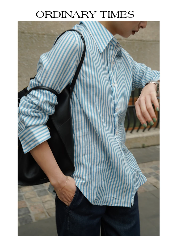 

Весна 2024: Повседневная женская рубашка из чистого льна в полоску, свободного кроя, с пуговицами, стандартной длины