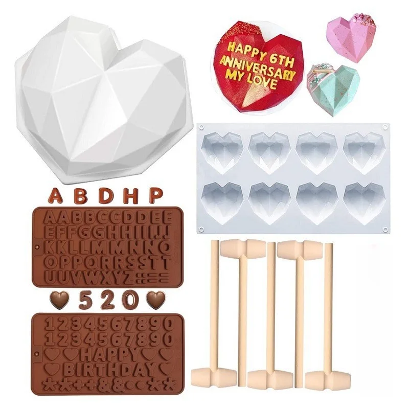Silicone Diamond Love Baking Mold Set Letter Number Molds 1/6/8 Cavity Heart Mousse Pastry Cake Chocolate Soap Candle Mould gift