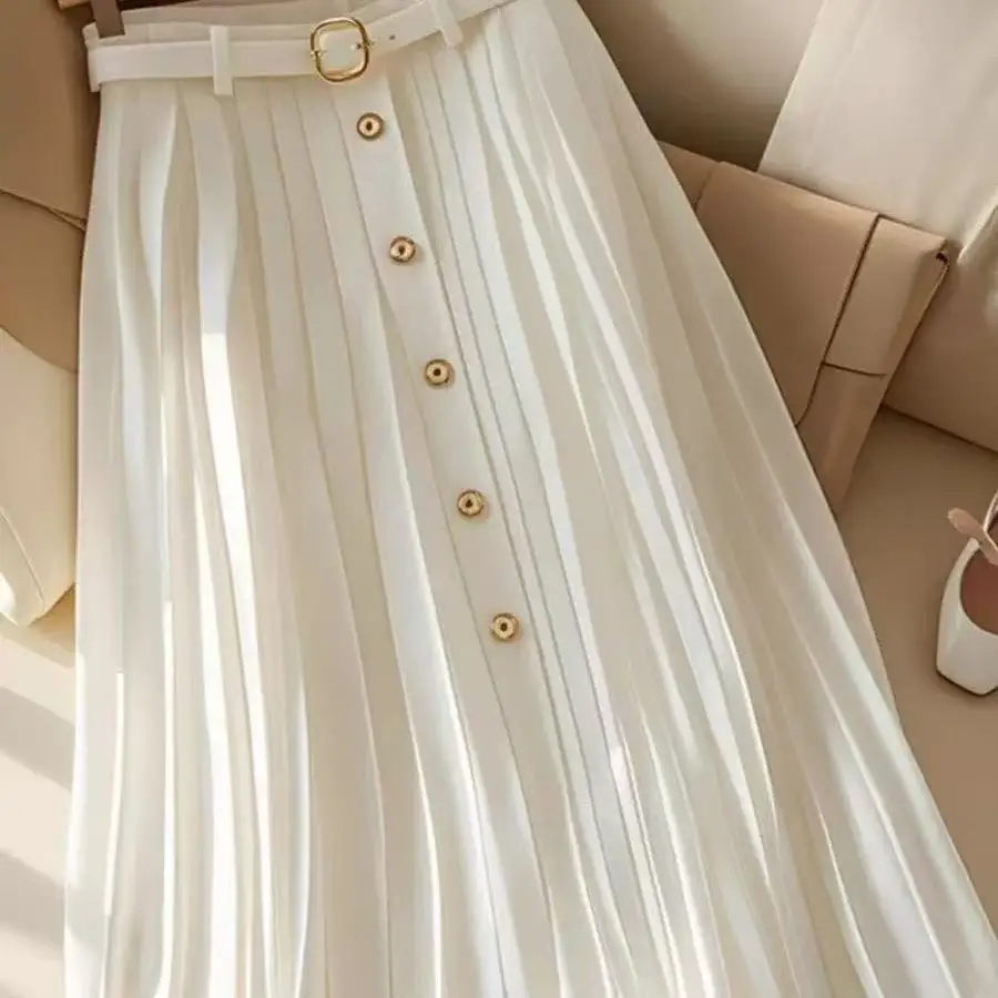 صيف جديد أنيق بلون مطوي تنورة للنساء مزاجه عالية الخصر الأبيض ألف خط تنورة عادية حلوة فستان جميل
