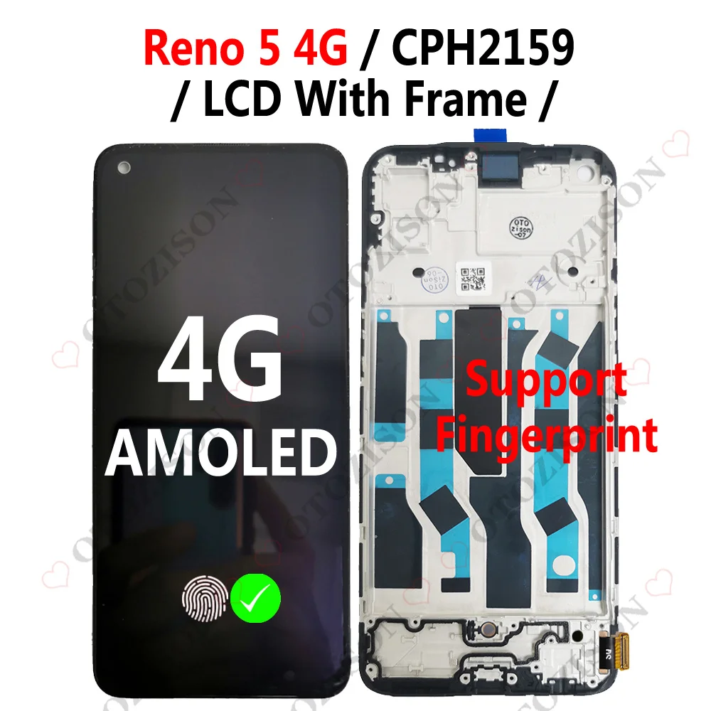 Pantalla LCD con marco para móvil, montaje de digitalizador táctil para OPPO Reno5, 5G, CPH2145, 4G, CPH2159, Reno 5, PEGM00, PEGT00, repuesto