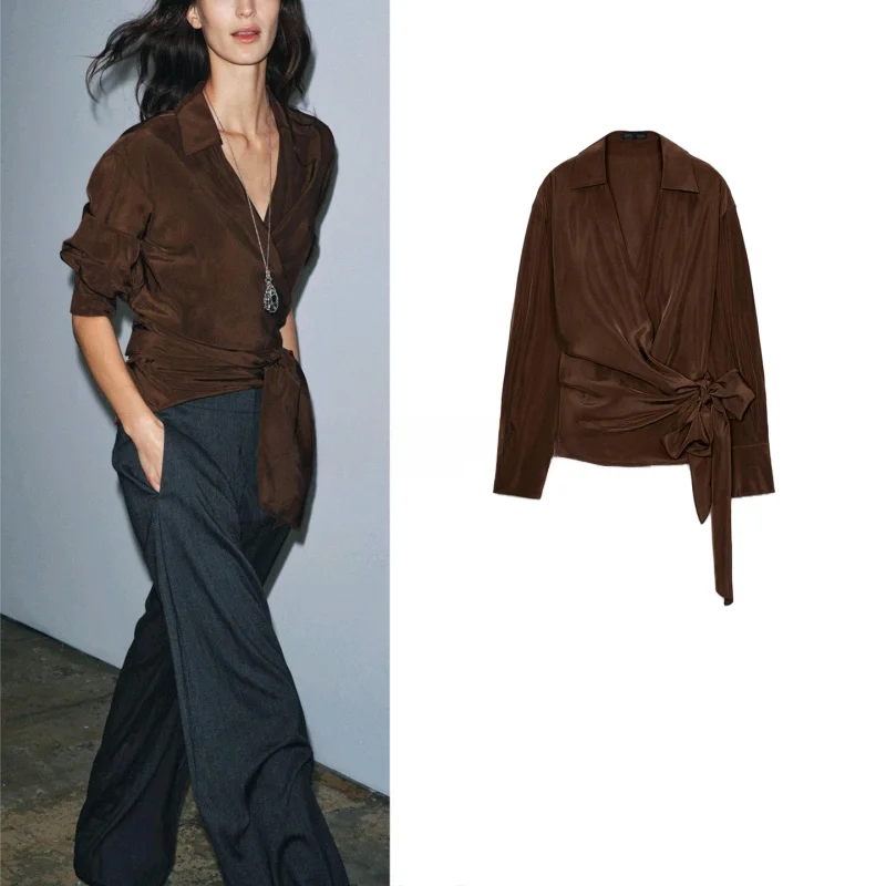 خريف جديد المرأة عادية irt مزدوجة رائع ربطة القوس فيونكة مطوي ort توب خمر Sle فضفاض صالح البوليستر طويل Sve بلوزة #1