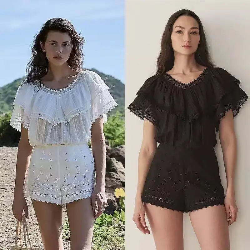 

Summer New Design Loose irt Polka Dot Lace High Waist ort Pants Women's Faion Set High Waist Flounce French Sle Loose...