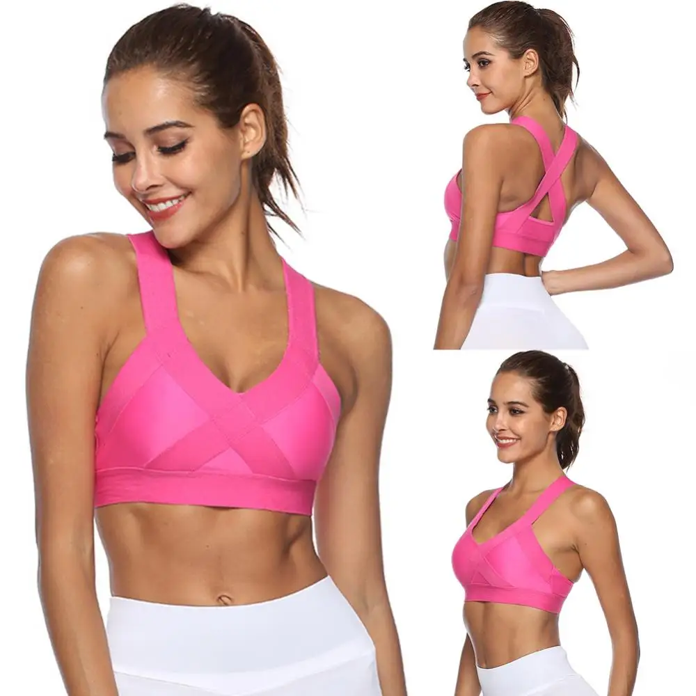 

Padded Quick Dry V Neck Cross Back Women Sports Wireless Bra Gym Yoga Crop Top