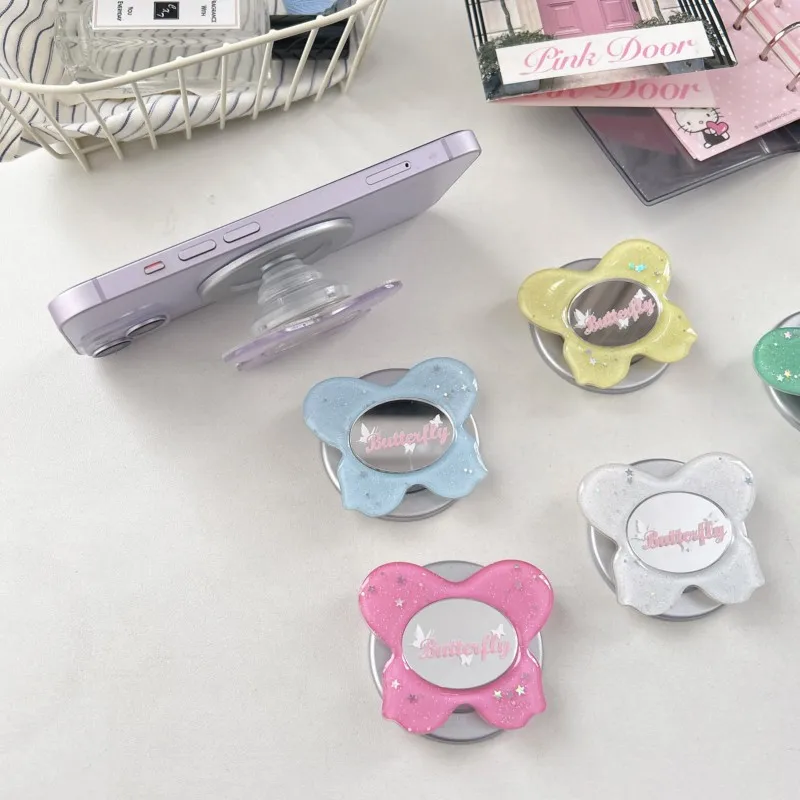 Aesthetic Glitter Butterfly For Magnetic Phone Stand Kawaii For MagSafe Phone Grip Holder with Mirror for Samsung S26 S25 S24