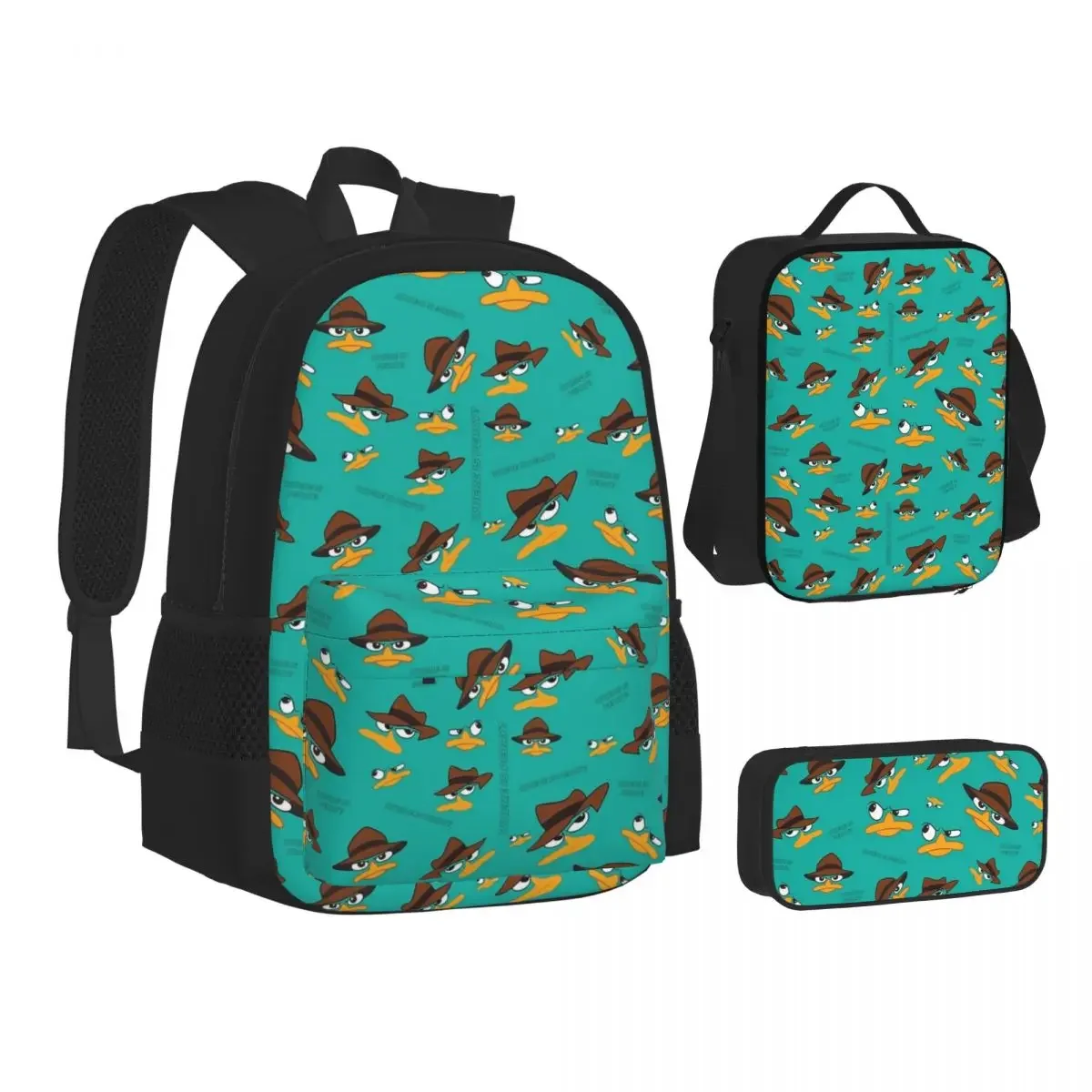 Perry The Platypus Backpacks Boys Girls Bookbag Students School Bags Cartoon Kids Rucksack Lunch Bag Pen Bag Three-Piece Set