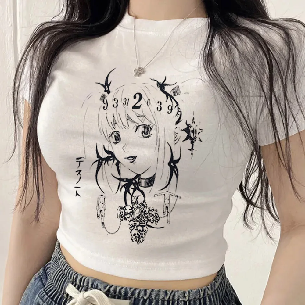 2026 Trendy  Women Front Print Anime Girl Skull Heart Cropped Graphic Tee Casual Short Sleeve Cotton Street Tops