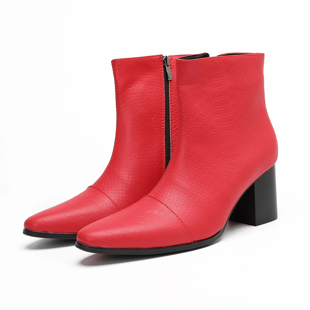 

British Red Genuine Leather Men High Heel Shoes Plus Size Zip Night Club Party Dress Shoes Drag Queen Show Dance High Heel Boots